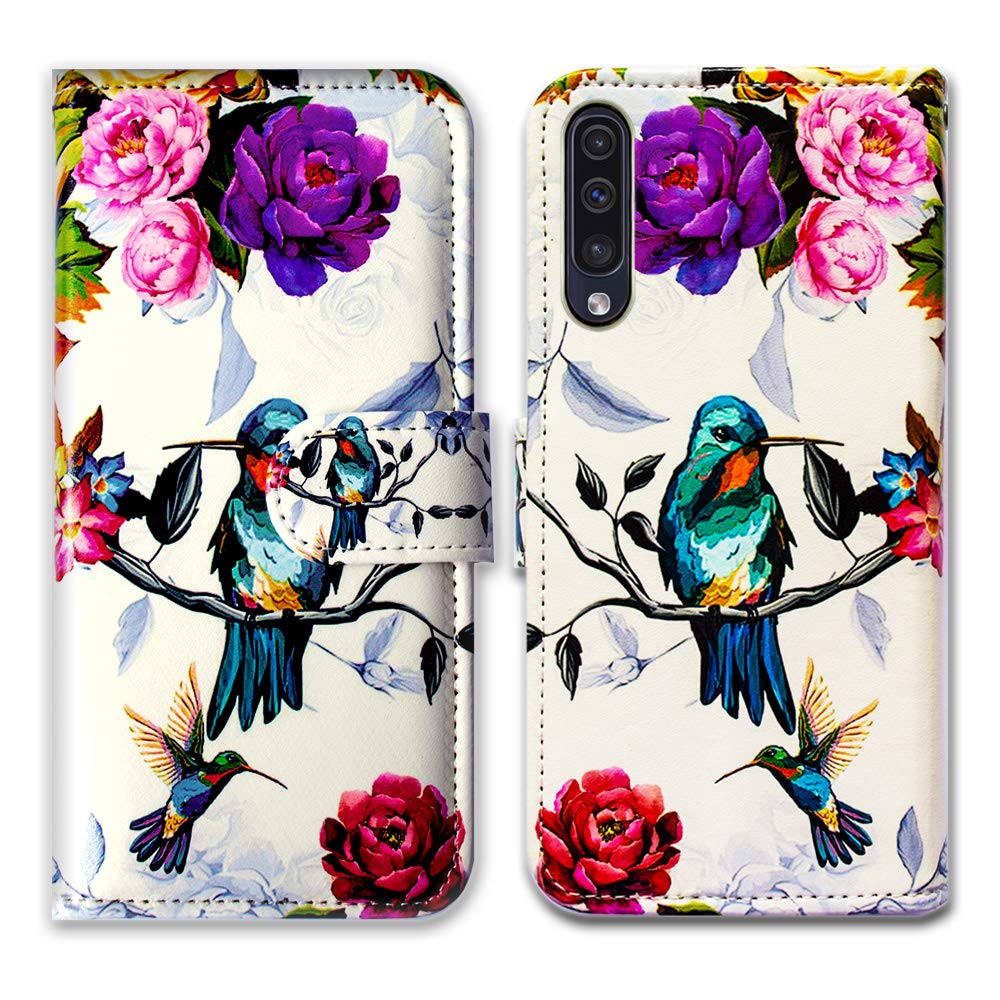 Bcov Case for Galaxy A50, Hummingbird in Flowers Leather Flip Wallet Case Cover with Card Slot Holder Kickstand for Samsung Galaxy A50
