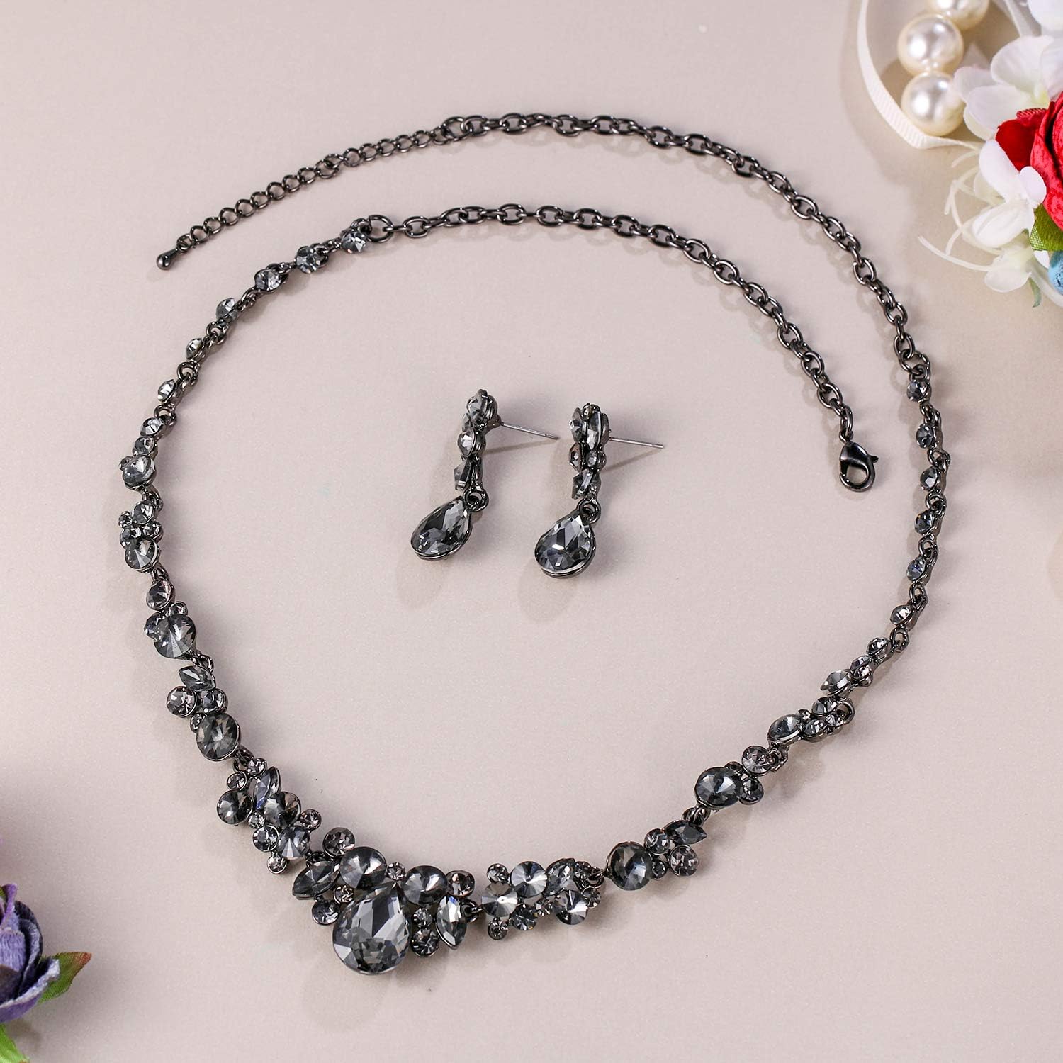 EVER FAITH Rhinestone Crystal Elegant Bridal Floral Teardrop Necklace Earrings Set - Image 5