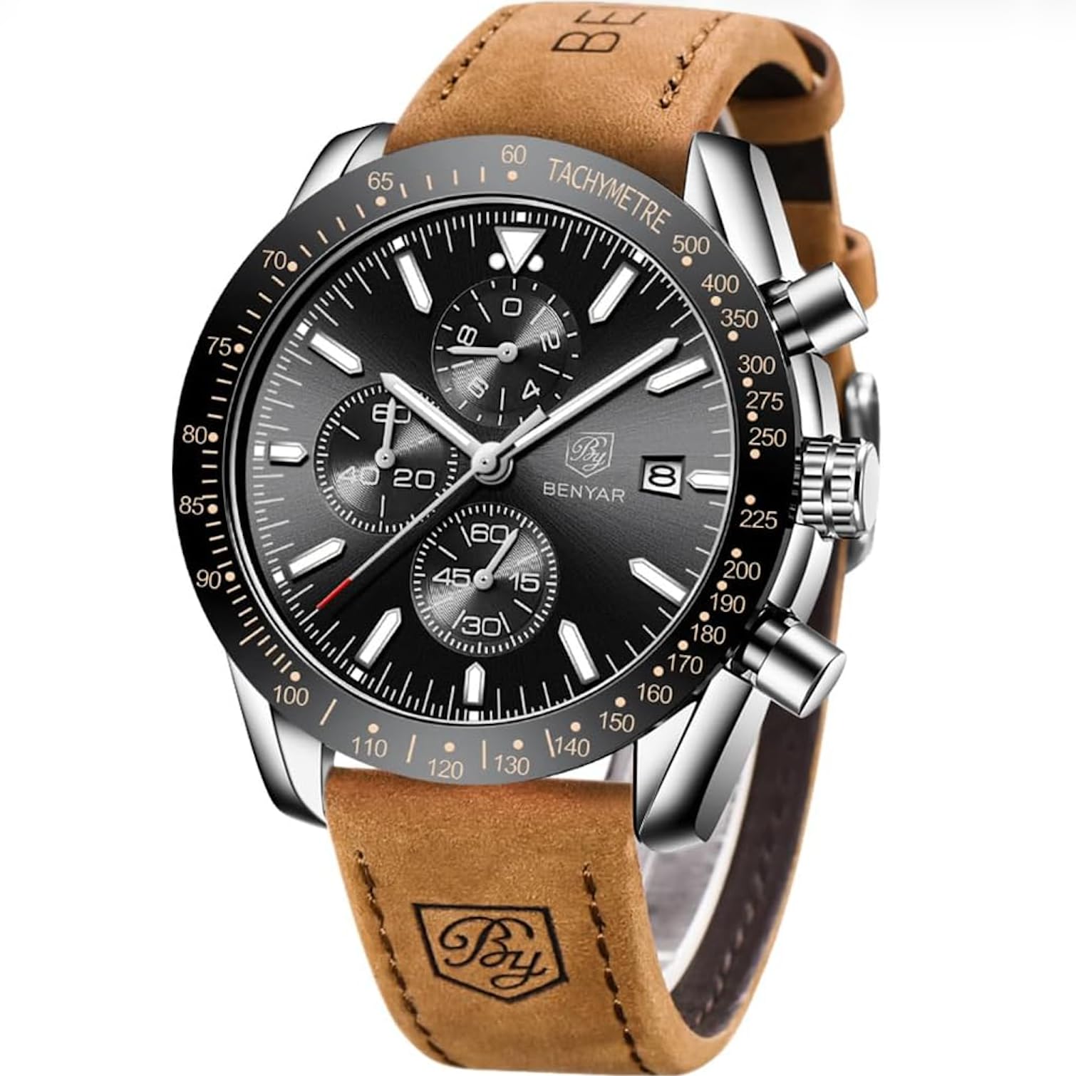 Benyar, orologio cronografo da uomo, 45 mm, quadrante grande, analogico, al | Orologio da uomo al quarzo, impermeabile, luminoso, multifunzione, con cronografo, cinturino in silicone, per lavoro, sport
