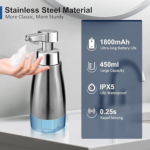 Miniatura 2 de Dispensador automático de jabón espumoso sin contacto acero inoxidable de 15 onzas - Dispensador de jabón inteligente eléctrico recargable de plata