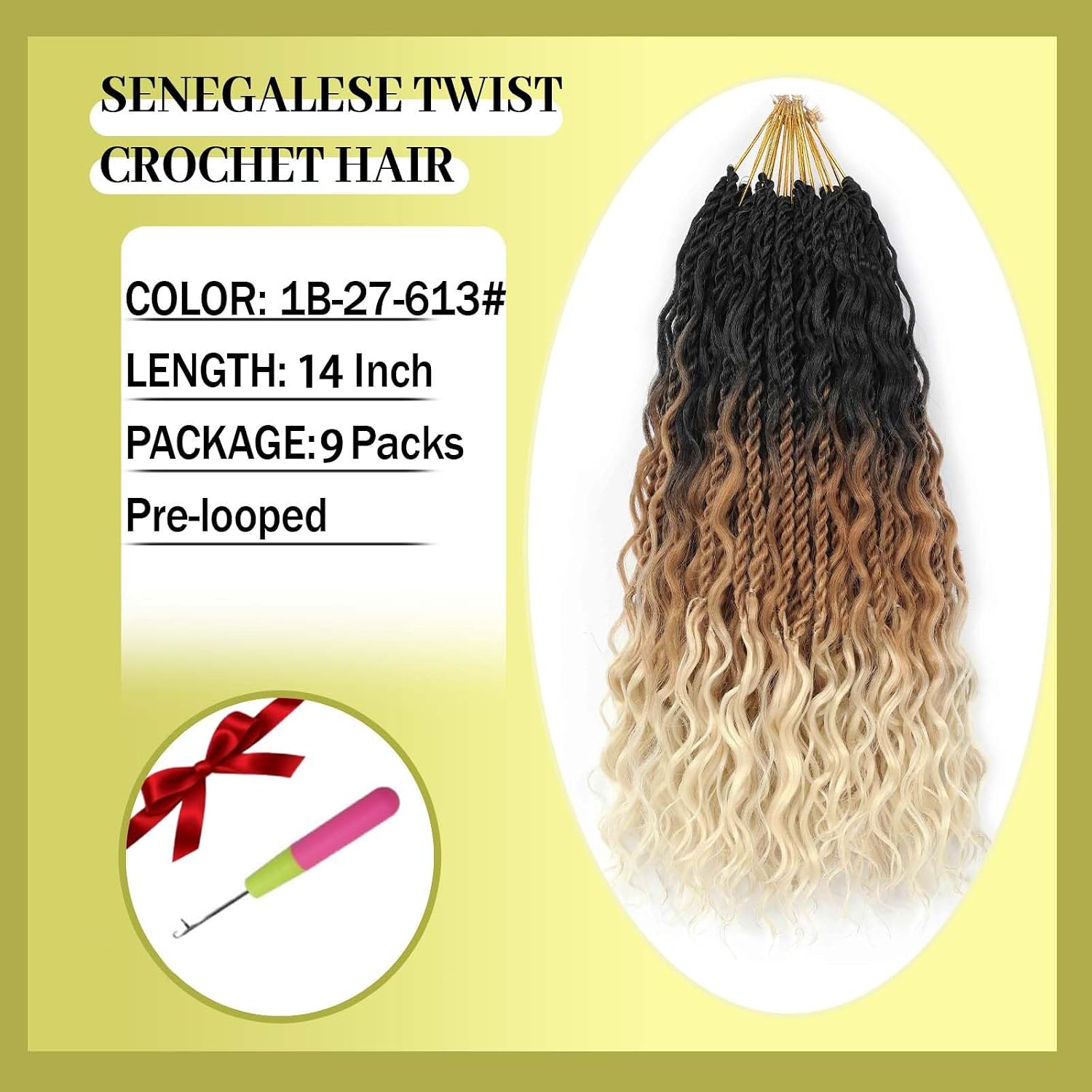 14 Inch Boho Senegalese Twist Crochet Hair with Curls Pre-Looped Island Twist Crochet Braids Crochet Twist Hair for Black Women Braiding Hair Extensions (9Packs, 1B/27/613#)