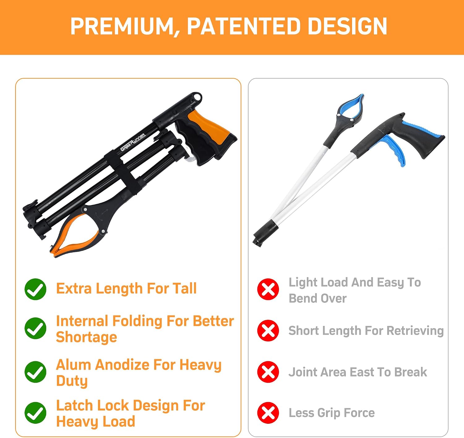 38" Extra Long Grabber Reacher Tool – 2 Pack Extra Long Foldable Reacher Grabber Pickup Tools with 360° Rotating Jaw - Heavy Duty Pick Up Grabbers for Seniors, Trash, Surgery Recovery (Orange Blue) image 5