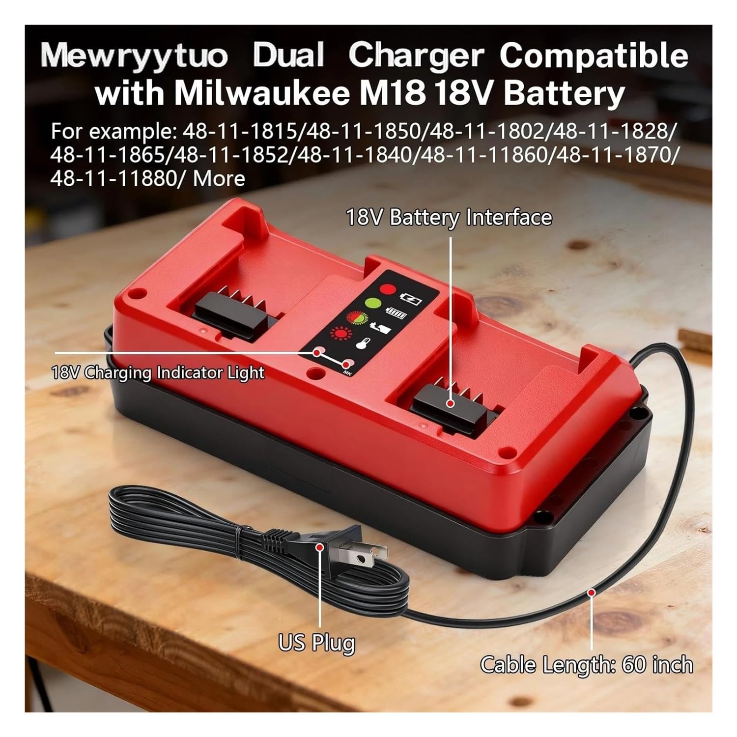Stacja ładowania baterii 18 V z 2 portami kompatybilna z akumulatorem Milwaukee M18 18 V, wejście ładowarki wielonapięciowej Mini 100-240 V(UK)