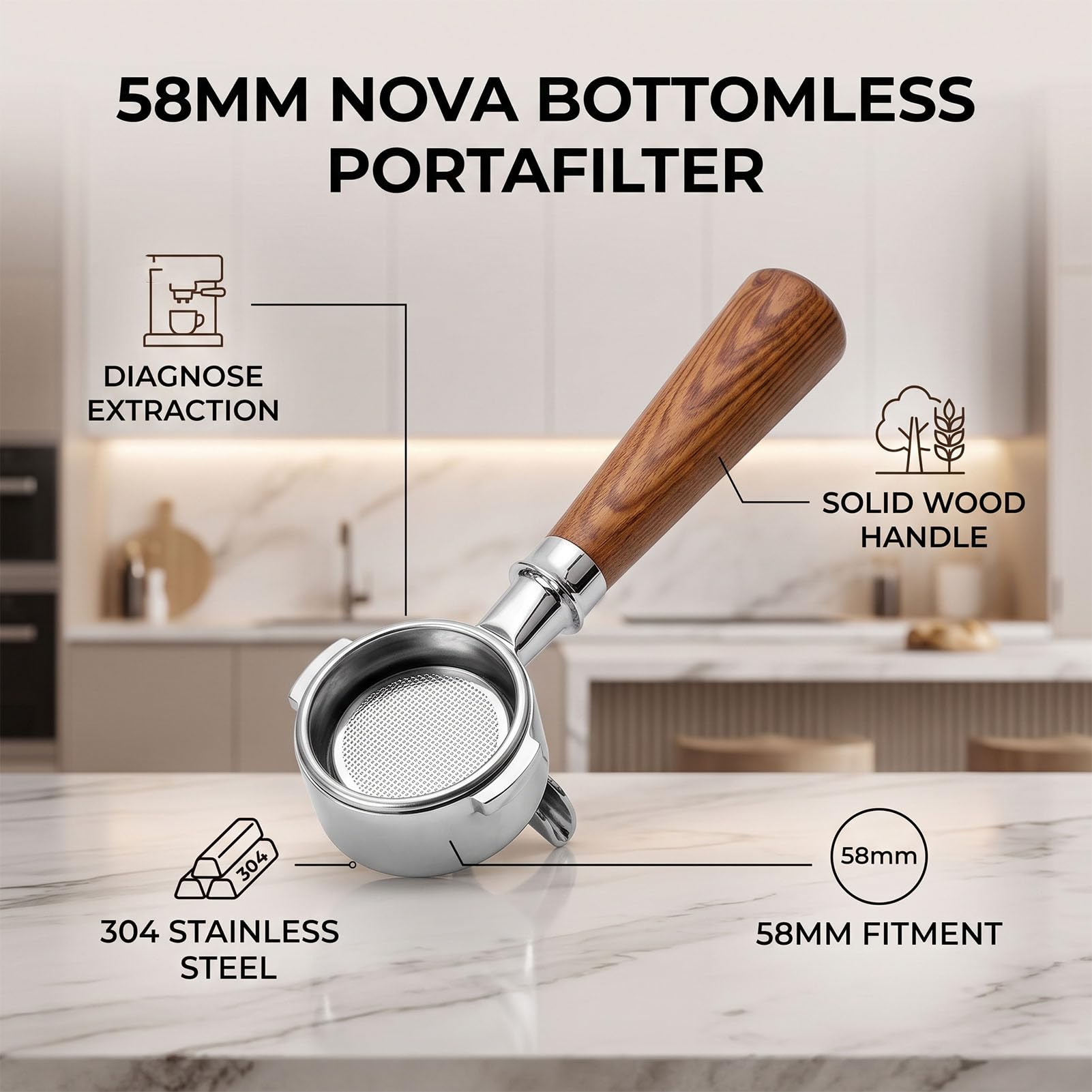 YUYTE Portafiltro sin Fondo de Acero Inoxidable 304 de 58 Mm (BROWN)