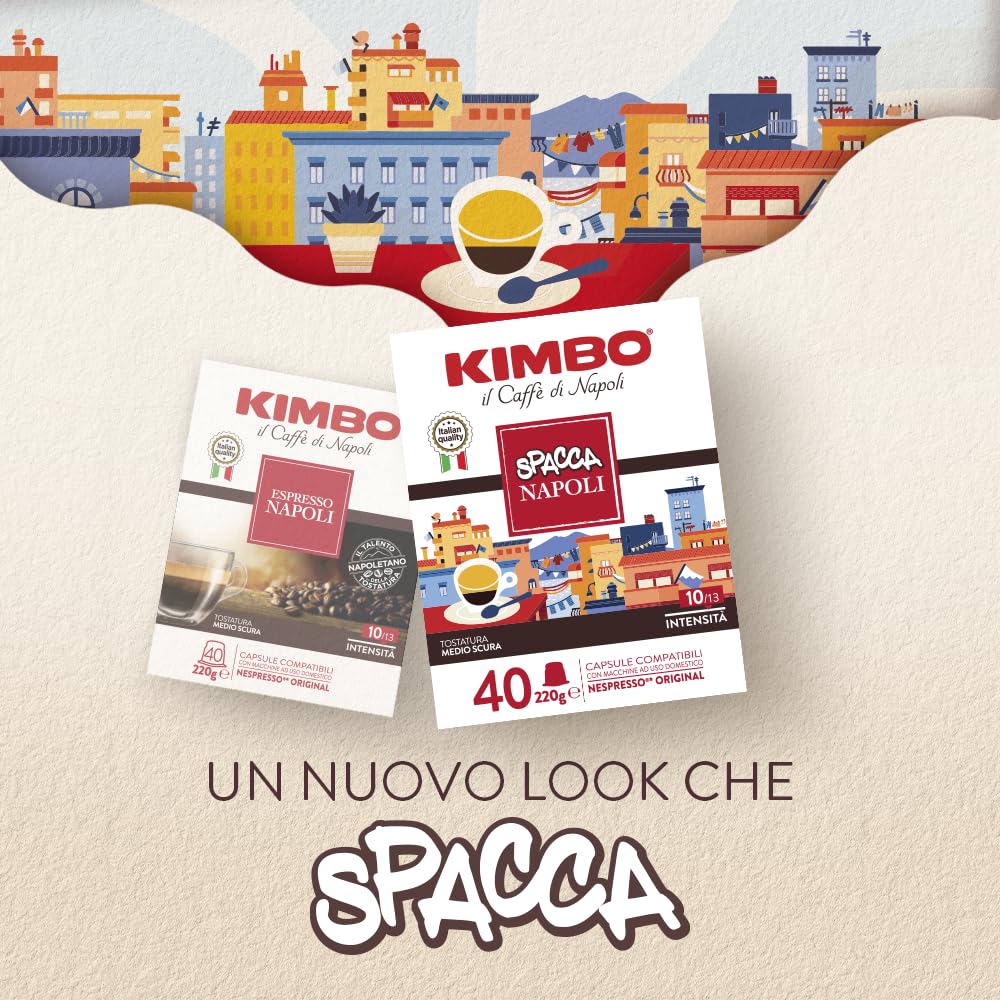 Kimbo 240 Cápsulas Cafè Compatibles Nespresso®, Spacca Napoli | 5 Paquetes de 40 Cápsulas, Mezcla Intensa y con Cuerpo, Intensidad 10/13, Tueste Medio-Oscuro