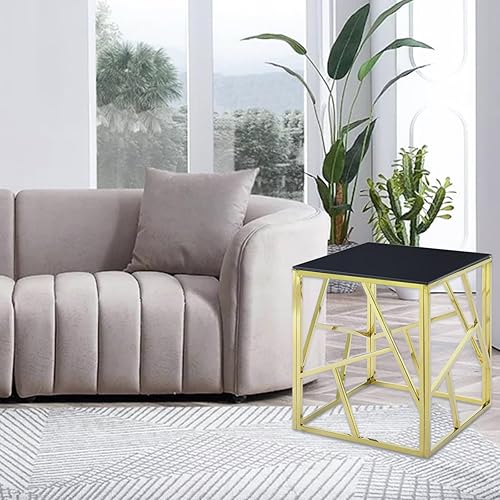 Miniatura 6 de WOKER FURNITURE Mesa auxiliar de cristal negro con marco geométrico de metal dorado, mesa auxiliar moderna de 20 pulgadas con parte superior de