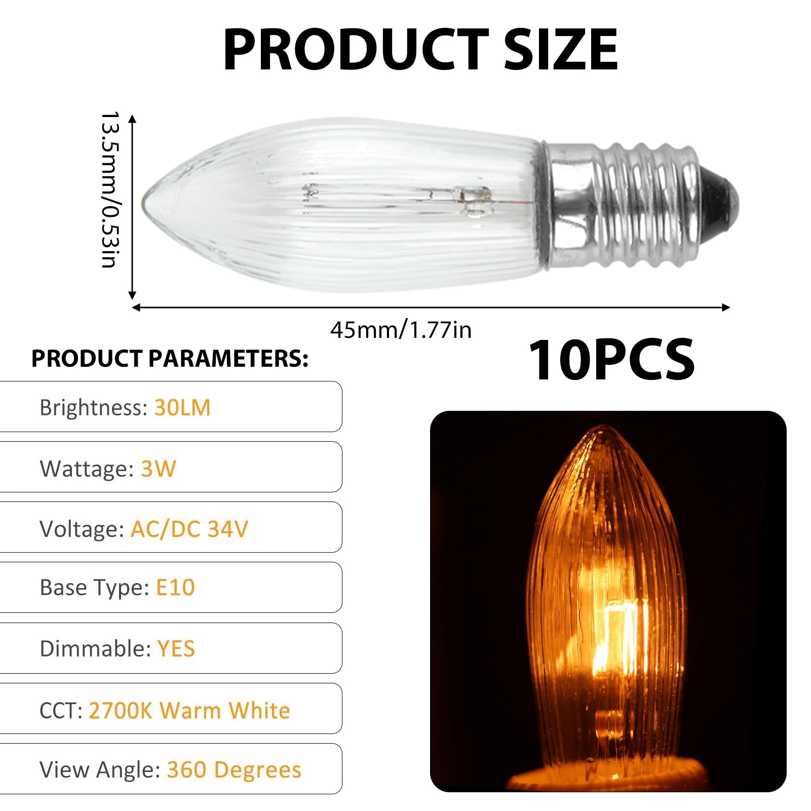 Sangcca E10 Candle Bulb 3Ẉ 34V, 10 Pack Candle Replacement Light Bulbs, Candles Arch Bridge Bulb Warm White 2700K - Image 2