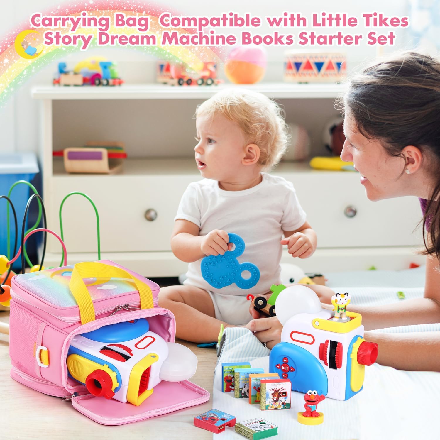 Carrying Case Compatible with Little Tikes Story Dream Machine Books Starter Set and Accessories,Portable Storage Bag for Story Books and Character with Handle and Shoulder Strap (Pink)