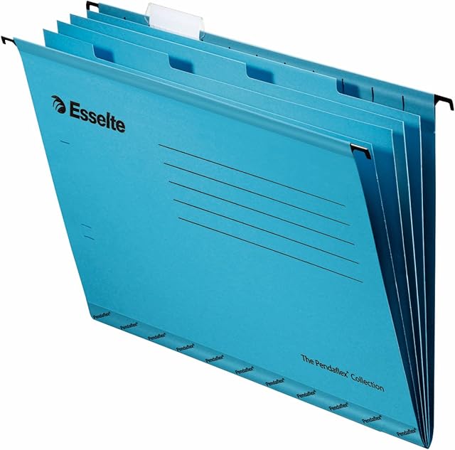 Esselte Classic Reinforced Suspension File with Dividers, Foolscap, Pack of 10, Tabs Included, Blue, 93135