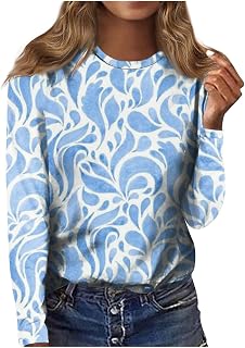 Womens Tops, Vintage Printed Pullover Blouse Crewneck Long Sleeve Blouses Fall Casual Tunics Pullovers Lighweight Streetwear Floral Print Loose Fit Comfy T Shirts Fitness Golf Shirt
