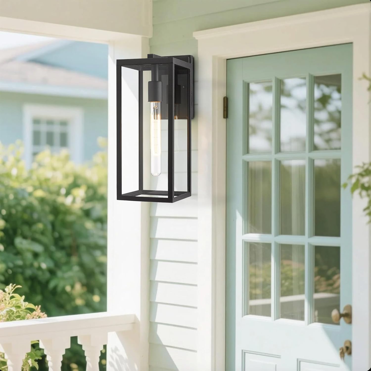 Bestshared Outdoor Wall Lantern, Anti-Rust Exterior Wall Sconce Light Fixtures, Front Door Mount Light, Outdoor Lighting Fixture, Black Wall Lamp with Clear Glass (Black, 2 Pack)