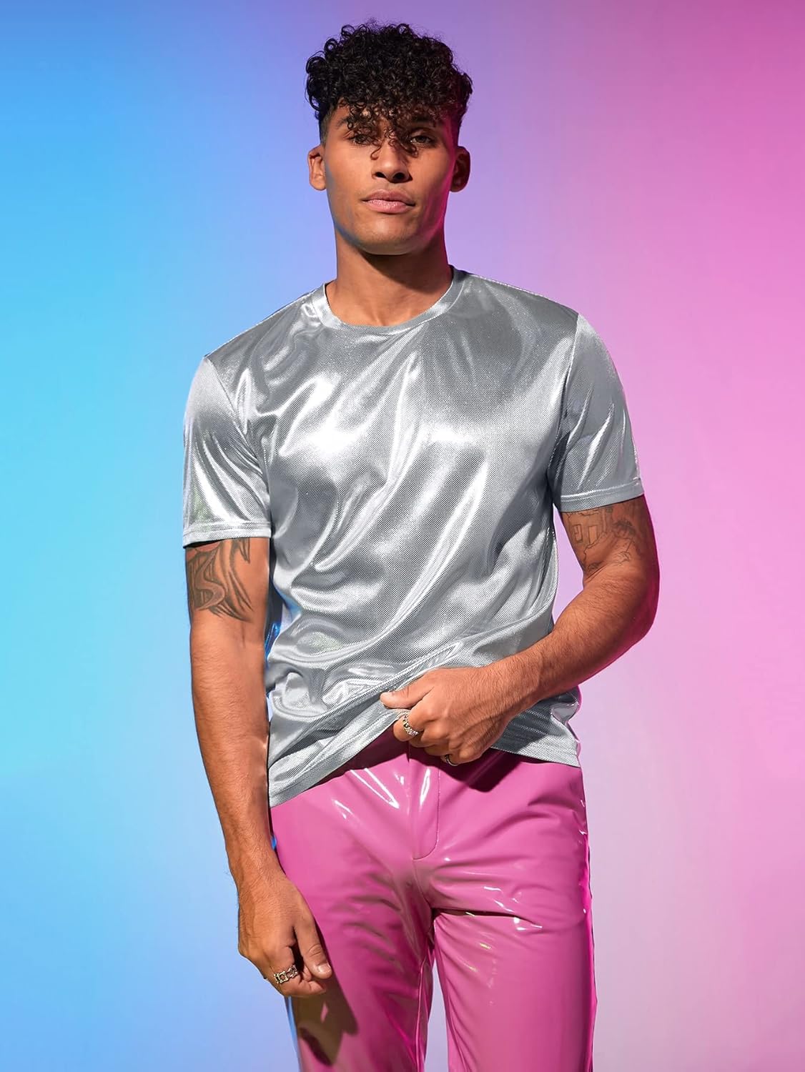 WDIRARA Men's Metallic Round Neck Short Sleeve Tee Party T Shirt Top - Image 5