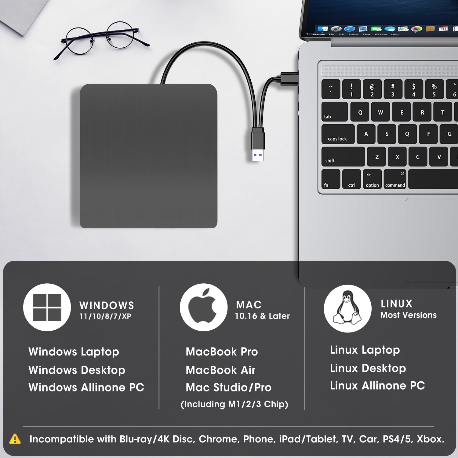 ROOFULL External CD/DVD Drive showing compatibility with Windows, Mac, and Linux, and incompatibility with other devices