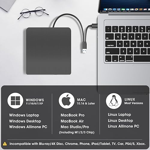 Miniatura 4 de ROOFULL Unidad externa de CD DVD USB 3.0 y USB-C con estuche de transporte, portátil USB ROM +/-RW unidad de disco óptico reproductor quemador