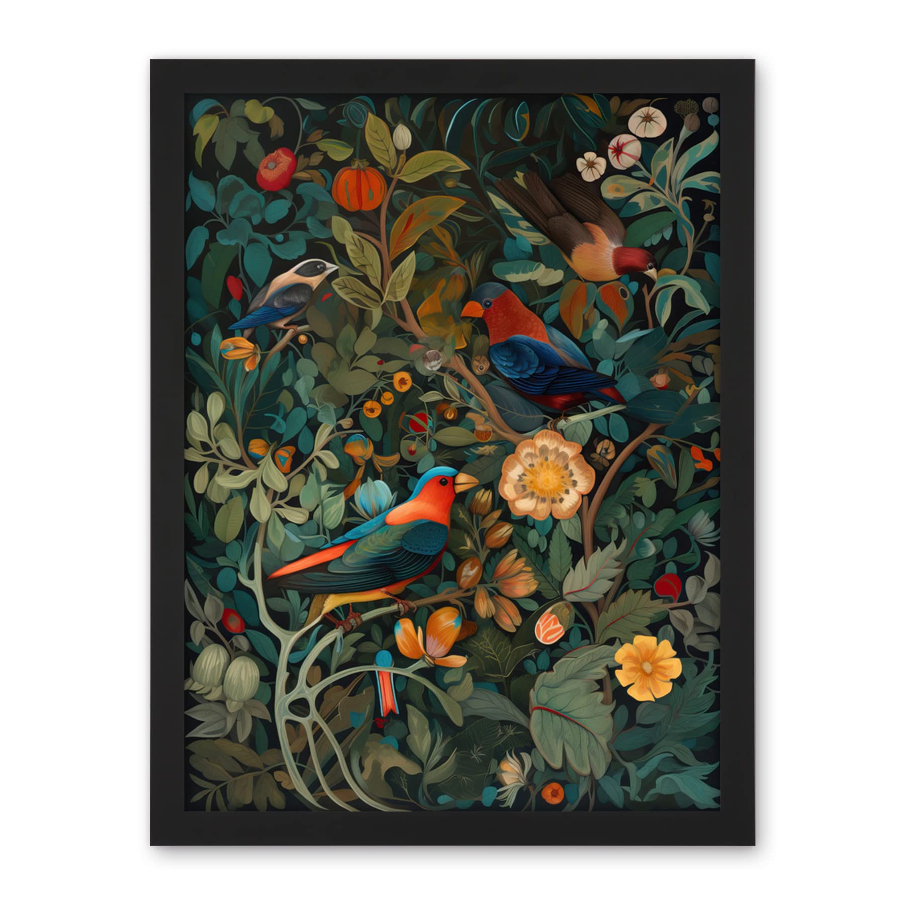 Artery8 Parrots on Exotic Blooming Trees Modern Folk Art Artwork Framed Wall Art Print 18X24 Inch