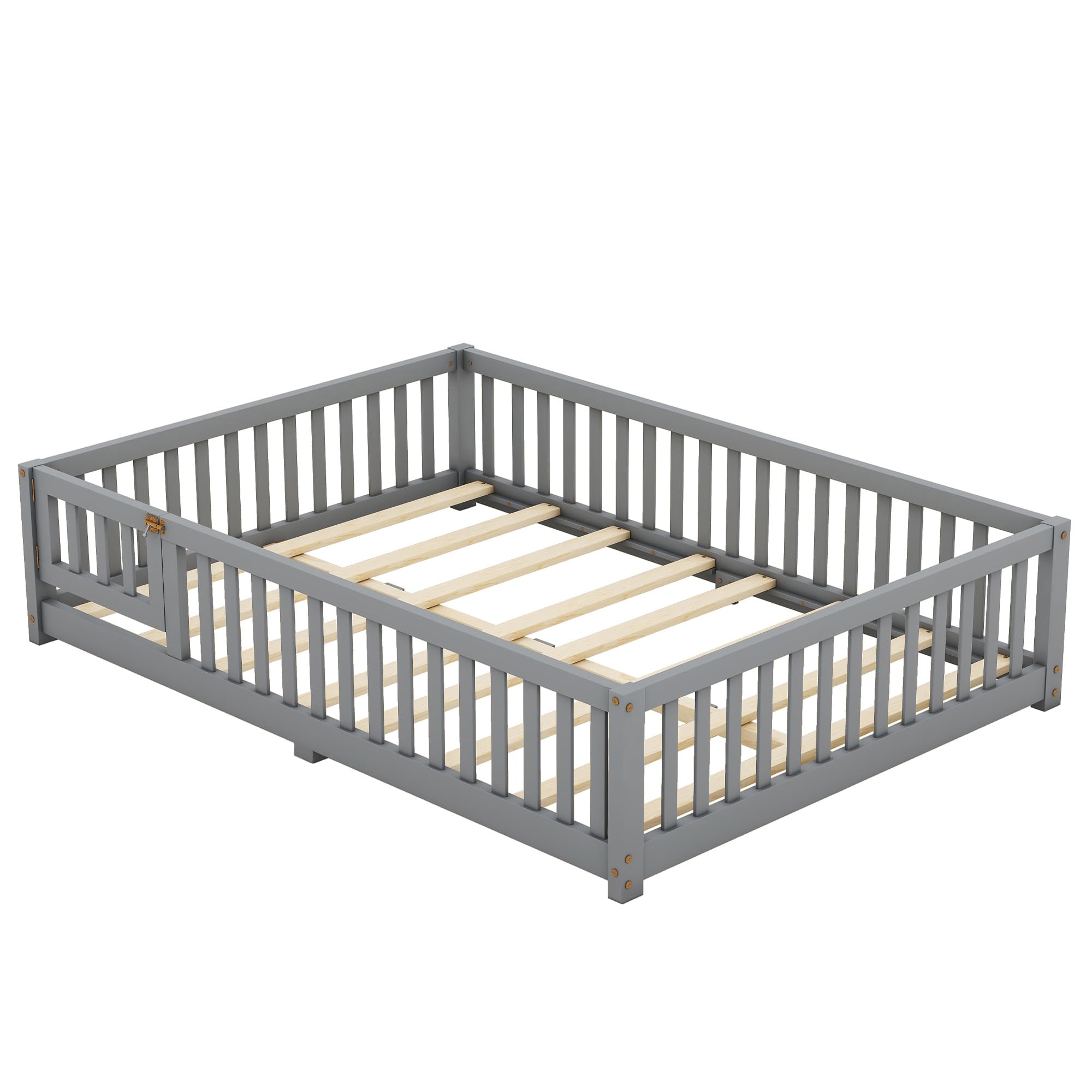 Montessori Floor Bed For Kids - Full Size With Fence & Door, No Box Spring Needed, Gray