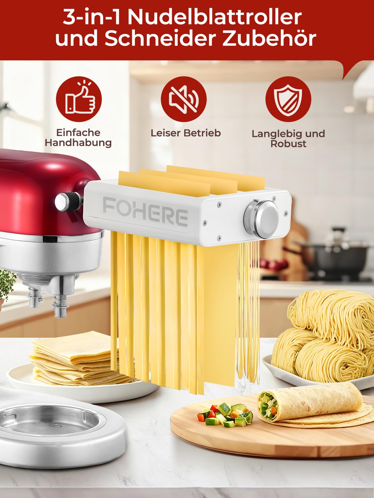 FOHERE 3-in-1 Nudelaufsatz Zubehör für KitchenAid Küchenmaschine, Pasta Maker Aufsatz Mit Nudelblattroller, Fettuccineschneider, Spaghettischneider und Reinigungsbürste (7 Einstellbare Dicken)