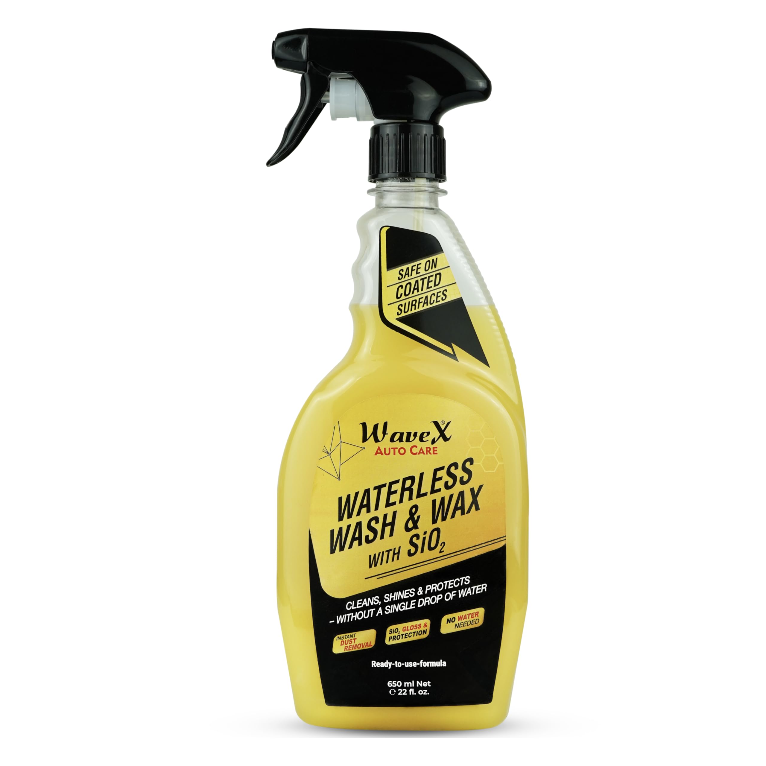 Wavex Waterless Wash and Wax with SiO₂ – Cleans, Shines & Protects | Instant Car Cleaner with Gloss & Hydrophobic Protection | No Water Needed, Safe on All Surfaces – 650ml