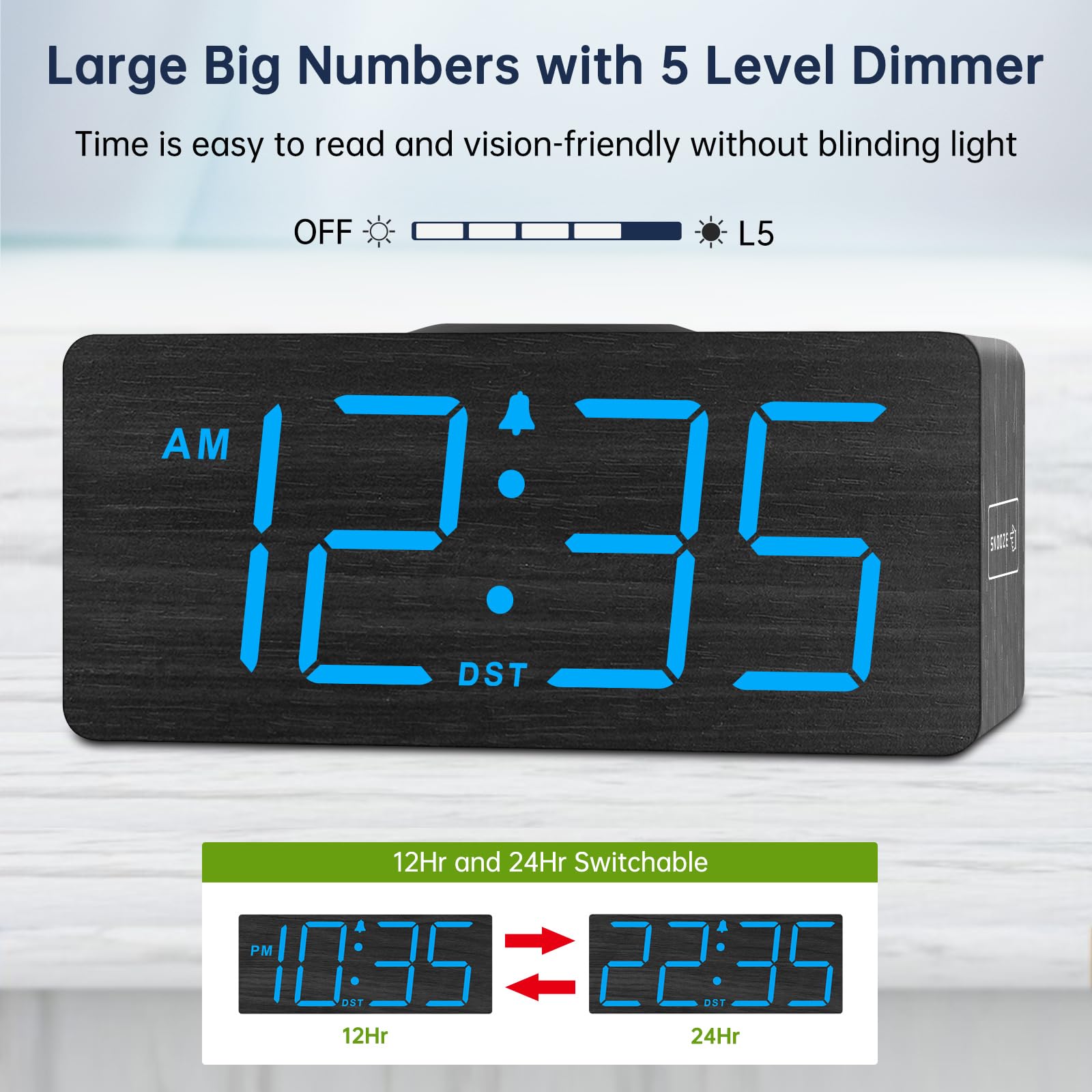 DreamSky Reloj despertador digital de madera con carga inalámbrica para dormitorio