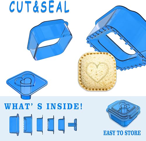Miniatura 2 de Cortador y sellador de sándwiches, 6 piezasjuego de sándwiches desoxidante de grado alimenticio para niños, lonchera y caja Bento (cuadrado azul)