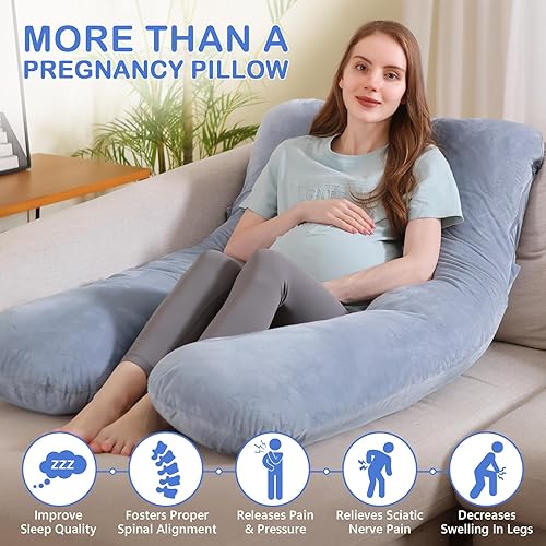 Miniatura 7 de Almohadas de embarazo, almohada de cuerpo completo en forma de U con funda de terciopelo lavable, almohadas de embarazo de maternidad de 55 pulgadas