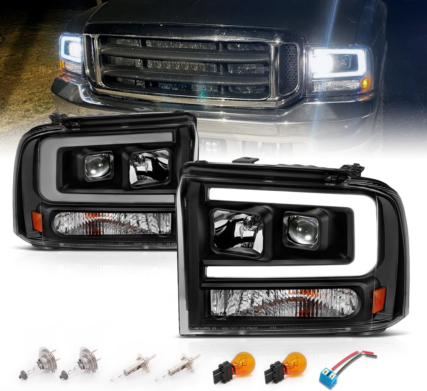 AmeriLite for 2005-2007 Ford F250 F350 F450 Superduty | 05 Excursion C-Type LED Tube Square Projector Black Headlight Pair - Passenger and Driver Side