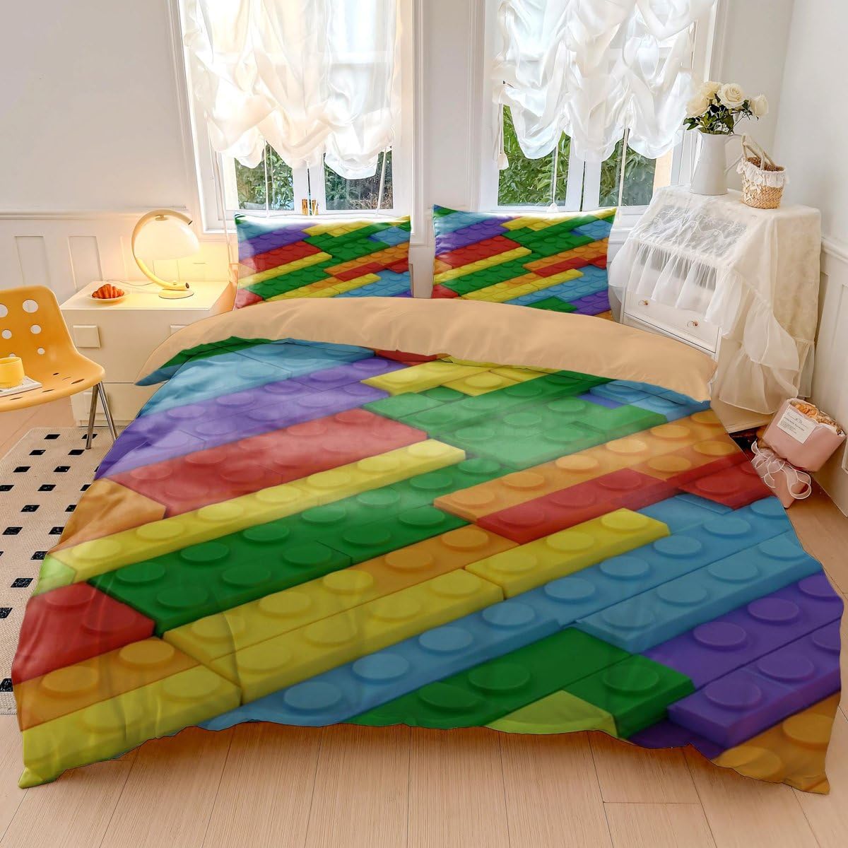 Parure de lit en microfibre douce avec housse de couette et 2 taies d'oreiller Motif briques colorées et géométriques modernes (Style 3, lit simple 135 x 200 cm + 65 x 65 cm x 2)