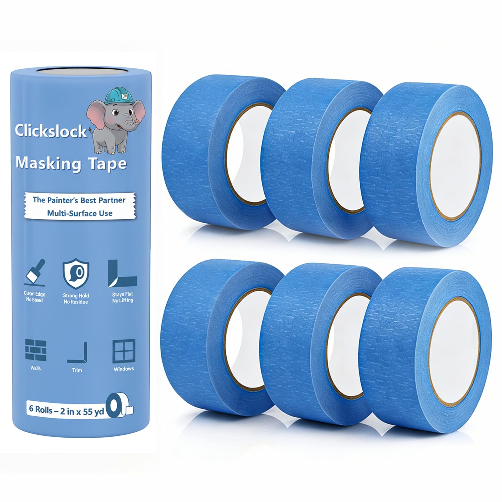Cinta adhesiva de pintores azules, para pintar con varias superficies, fácil de quitar y sin residuos, 0.94 pulgadas x 55 yardas, paquete de 6