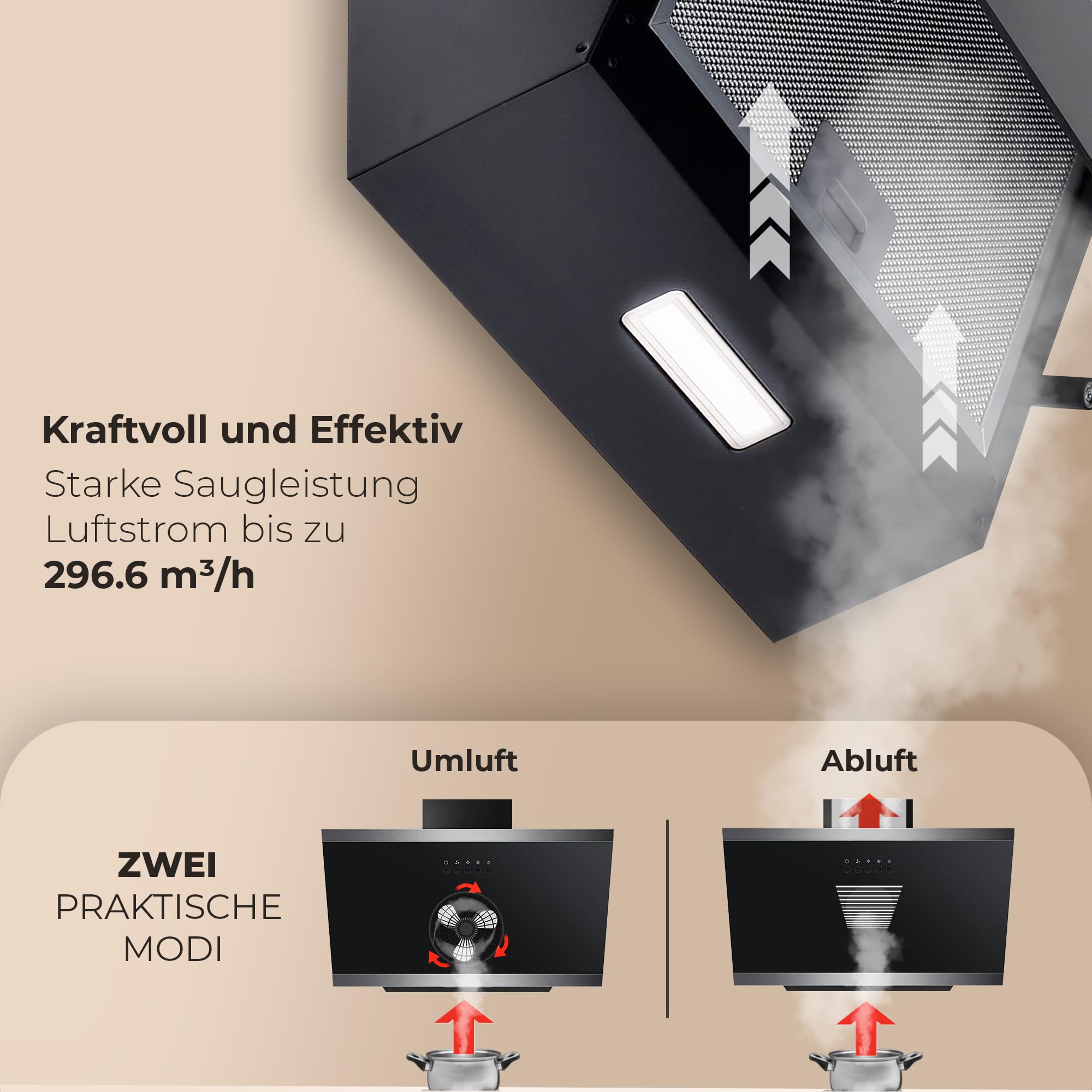 YUNA Dunstabzugshaube DULCIA 60 cm Schwarz Glasfront 3 Leistungsstufen 47W Motorleistung Energieeffizienz A Abluft Umluft Kopffrei LED Beleuchtung Ohne Kohlefilter Wandhaube