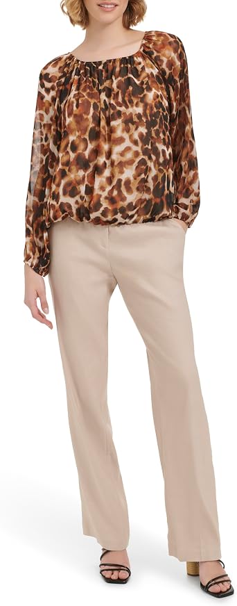 Calvin Klein Womens Blouse Long Sleeve Top, Black/Latte Multi, X-Small