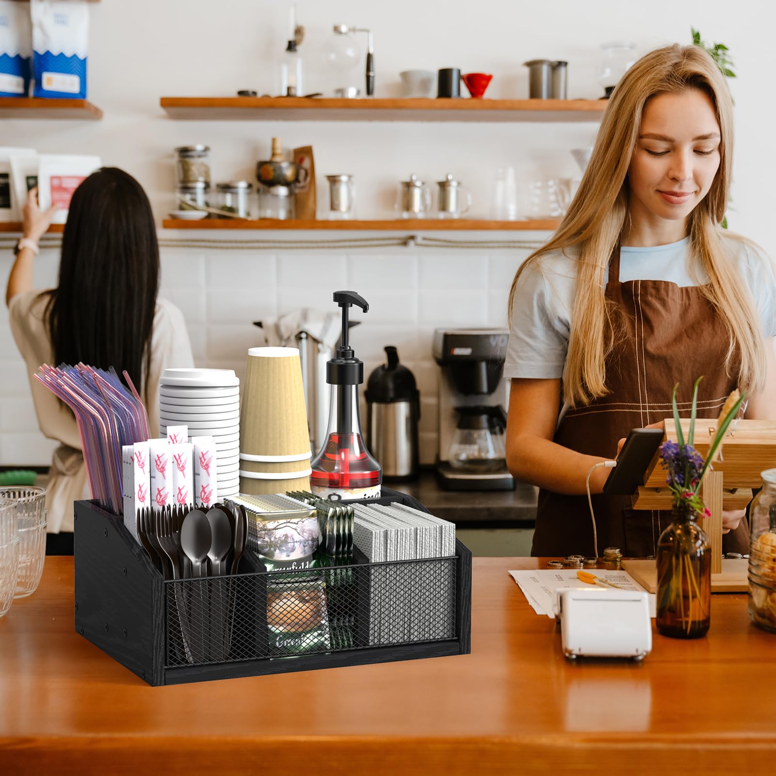 Kaffee Zubehör Aufbewahrungsbox mit 4 Fächern, Holz, Schwarz, für Küche und Organizer，Regal Weiß für Zucker, Sirup, Tee, Milch, Servietten, Tassen, Gewürz Zubehör Halter