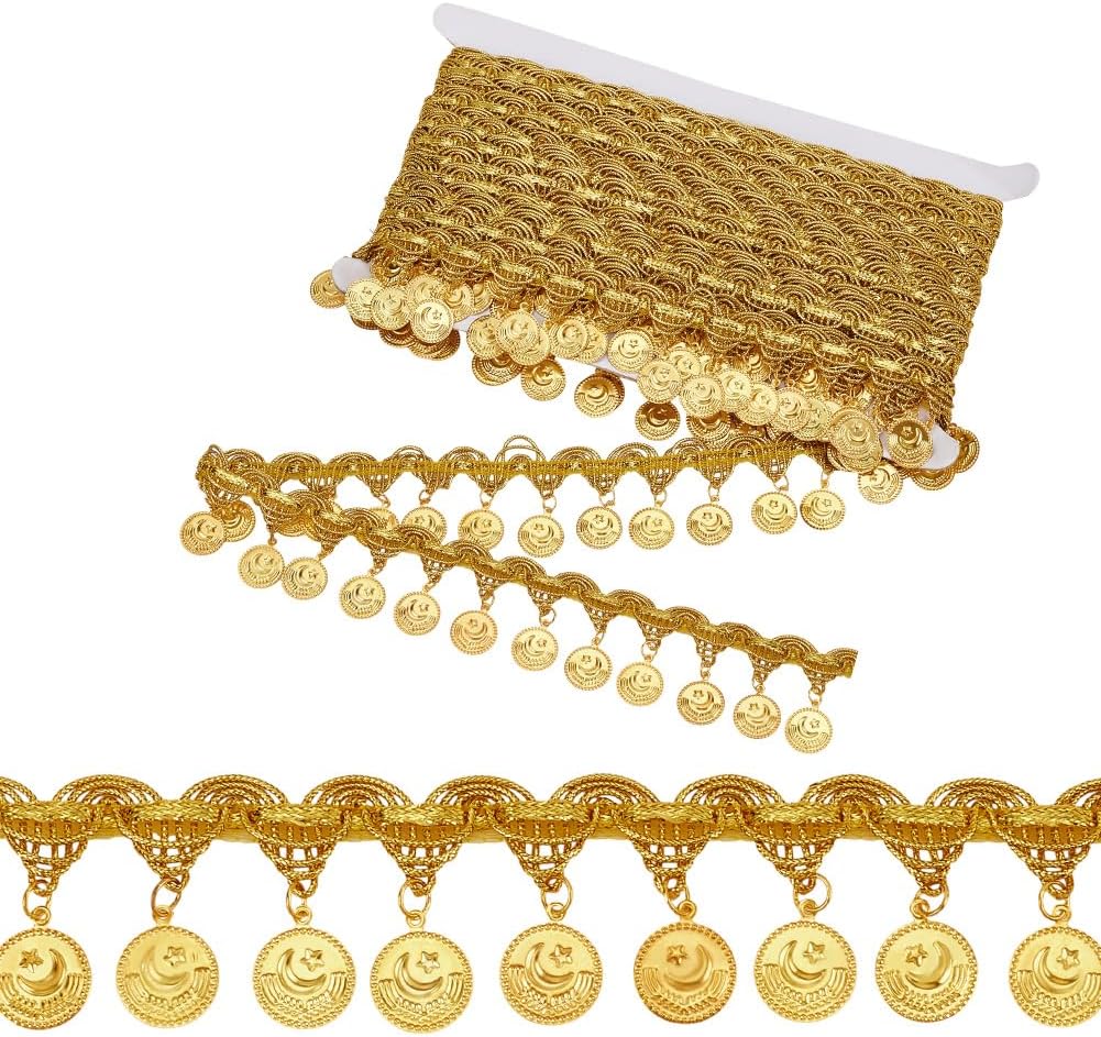 OLYCRAFT 10 Yards Gold Coin Sequin Tassel Trim Star Moon Pendant Lace Tassel Fringe Trim 1.5 Inch Wide Sequins Tassels Lace Ribbon Fringe for Dance Dress Belt Costume Clothes Party Accessories