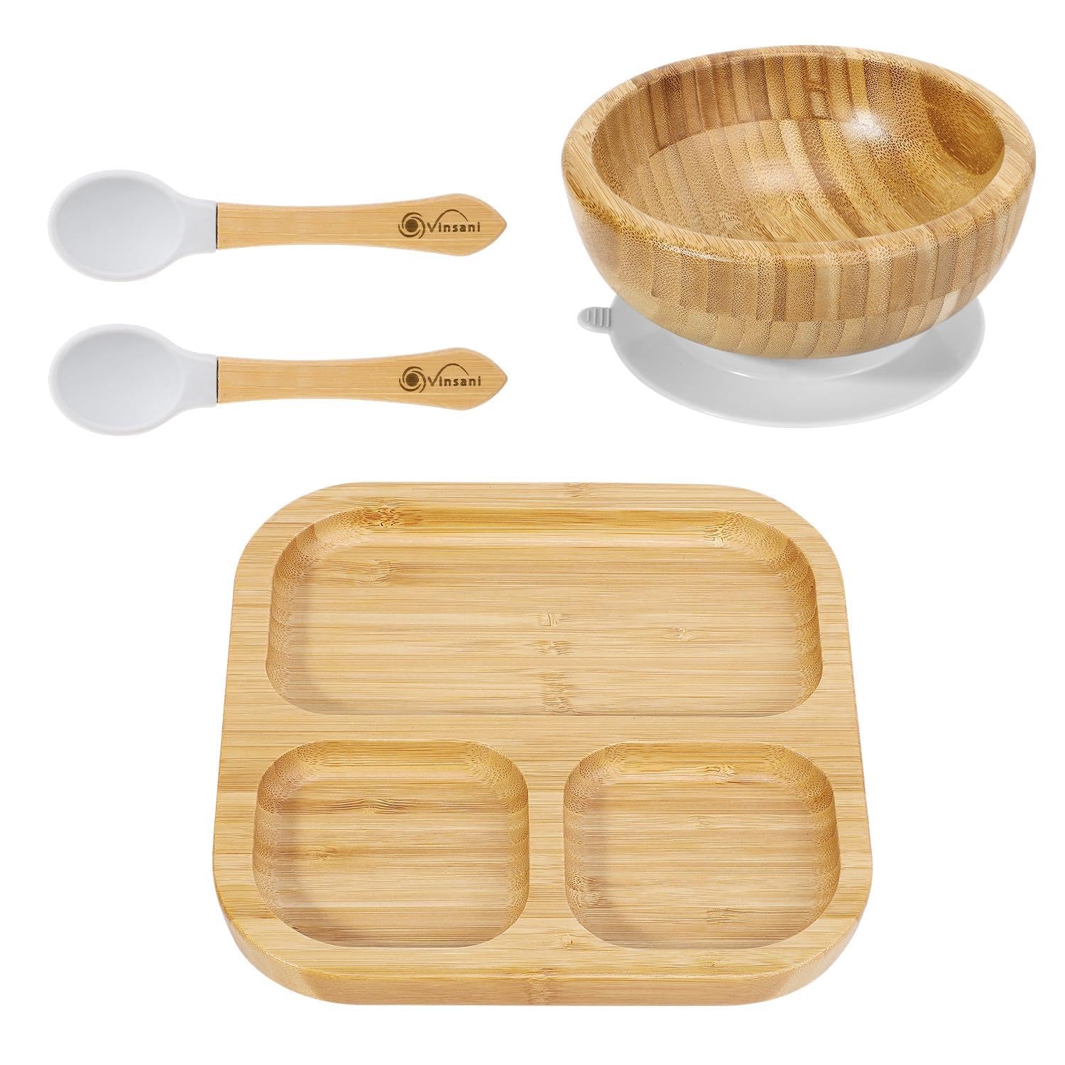 Vinsani Bamboo Bowl, Square Plate and Spoon Set for Baby/Toddler, Suction Plate, Stay-Put Design, Hypoallergenic and BPA-Free (Grey, Bowl Square Plate & Spoon Set)