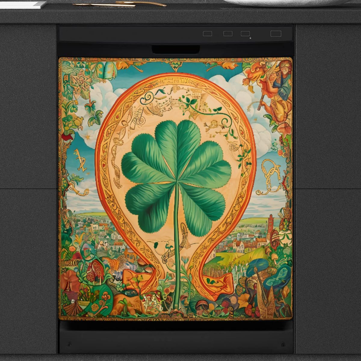 Clover Floral Vintage Colorful Dishwasher Magnet Cover, Reusable Refrigerator Panel Stickers Microwave Front Door Covers Magnets for Kitchen Home Appliances Holiday Party Decorations 23 X 26 in