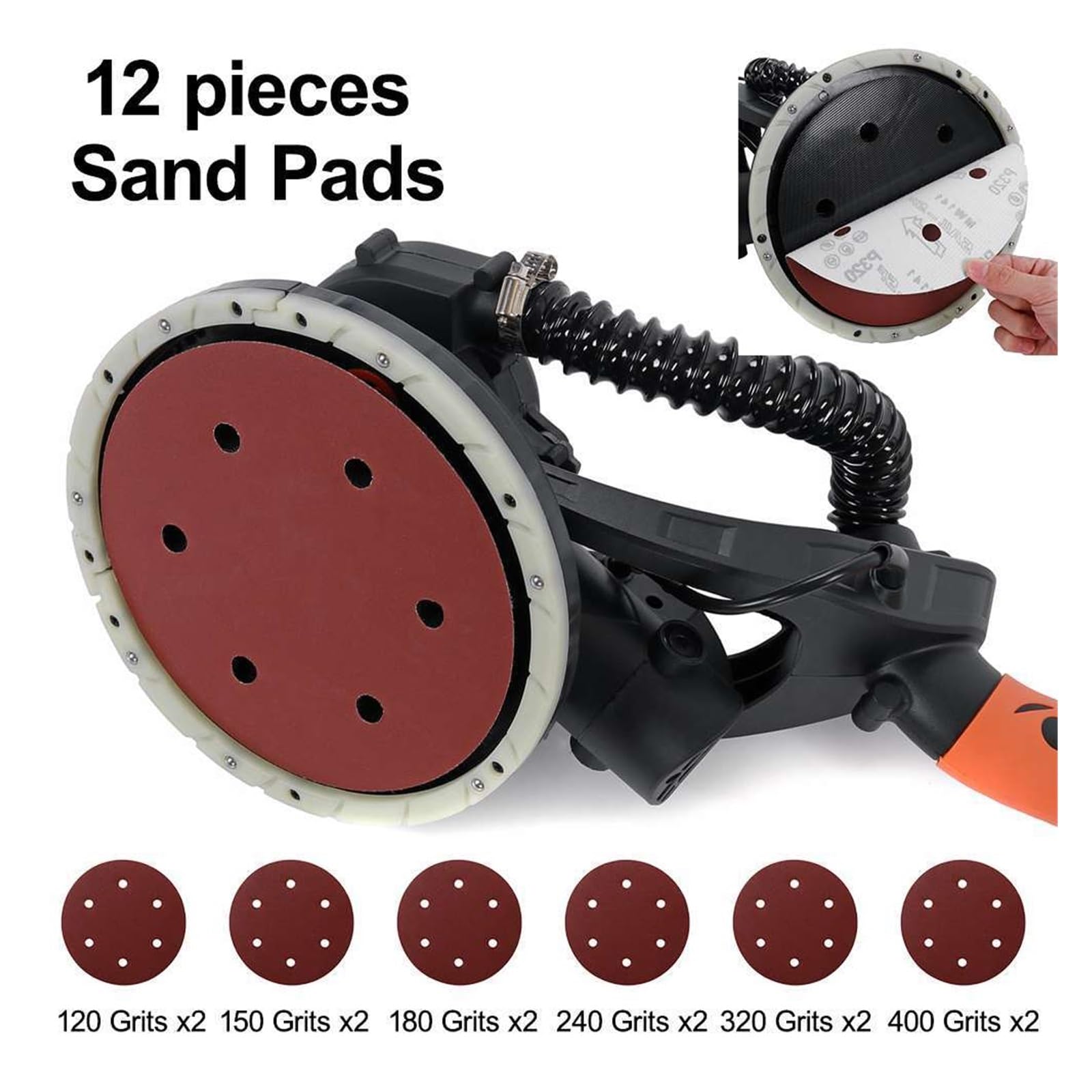Rozadora de Pared, Lijadora eléctrica de paneles yeso 1380W, lijadora poste 215MM, portátil con papel lija, velocidad Variable, tira luz LED manguera 2m(4)