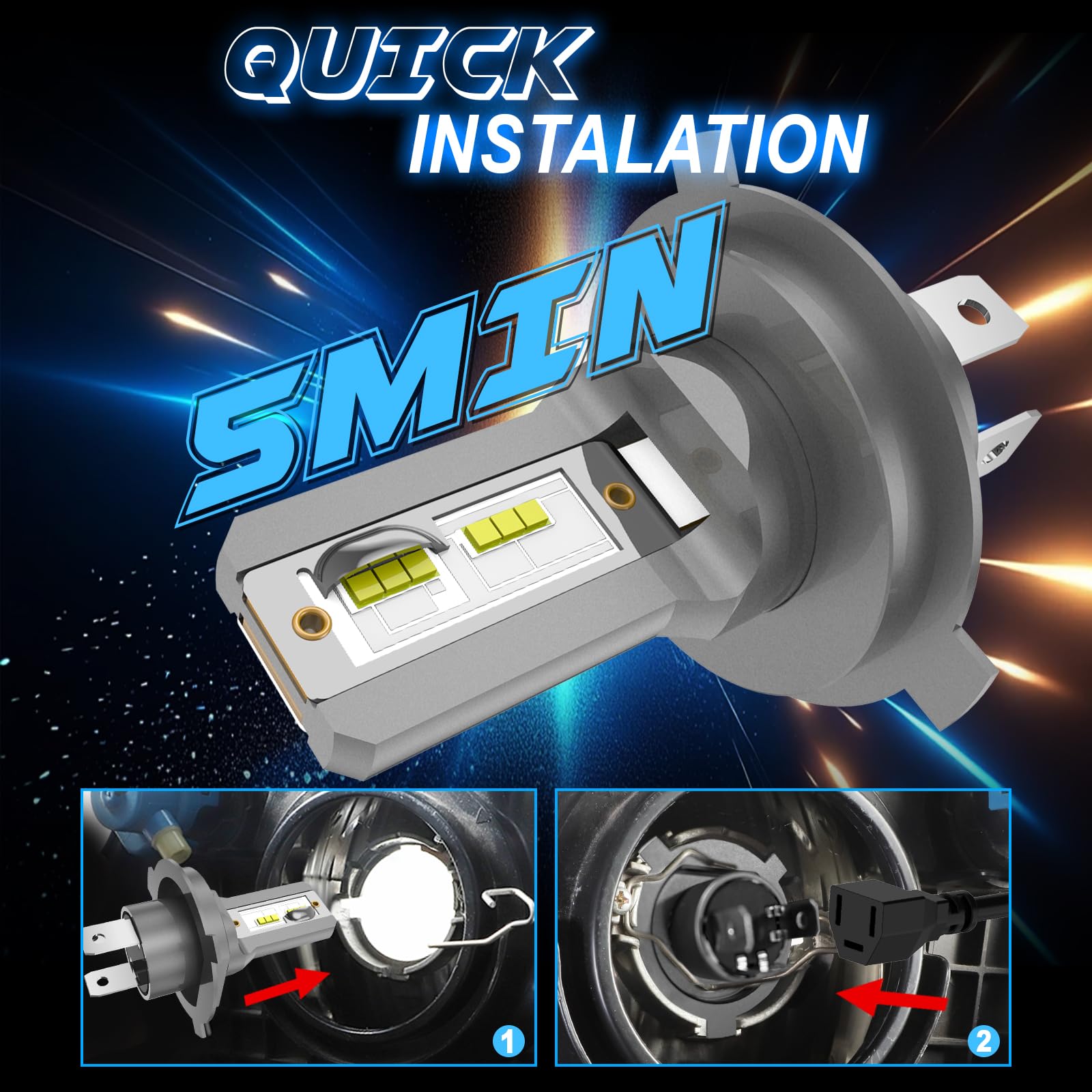 Lampadina H4 LED Per Auto, 60W 28000LM 6500K Bianco 600% Luminosità, Kit di Conversione Lampadine Abbaglianti/Anabbaglianti, Per Auto e Moto a 12V, 2 Pezzi
