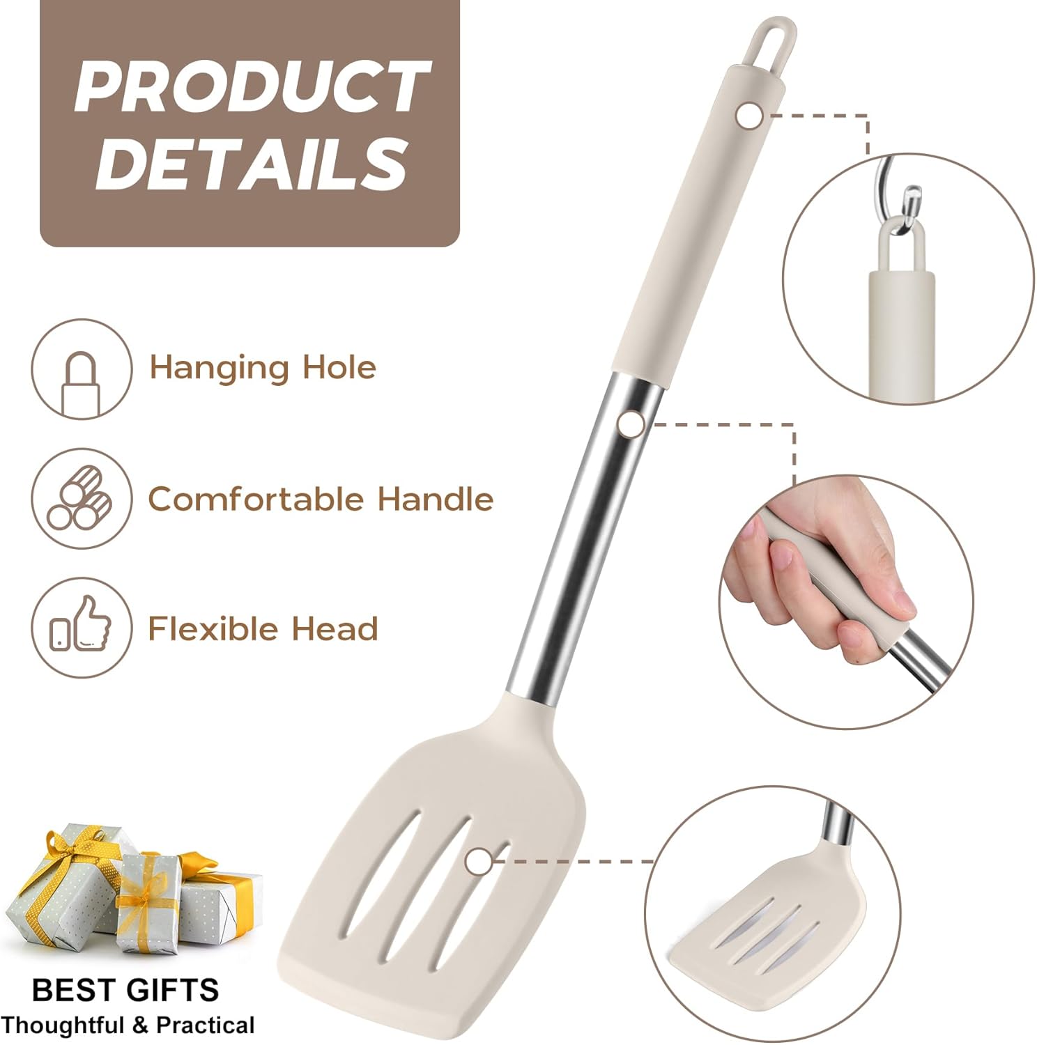 Onader Mixing Bowl Set of 5 for Kitchen, Stainless Steel Metal Nesting Mixing Bowls with Khaki Lids – Size 1.5, 2, 2.6, 3.5, 4.6QT, and Onader Silicone Cooking Utensils Set of 15 with Holder