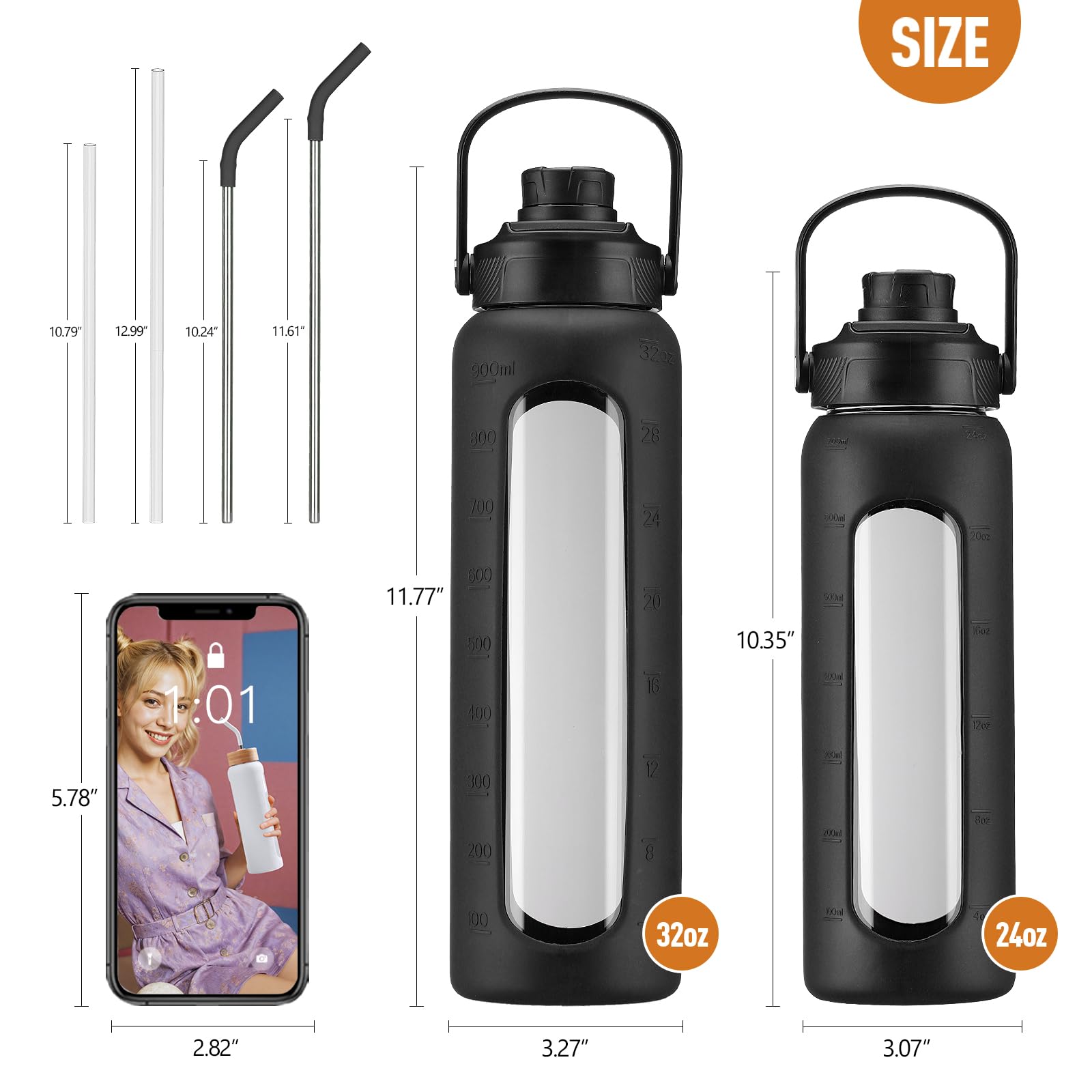 BLUEGO Borraccia Vetro 900ml con 2 Coperchi e Cannuccia, Sportiva Bottiglia d'Acqua con Custodia in Silicone e Indicatori di Tempo, Senza BPA, Nero