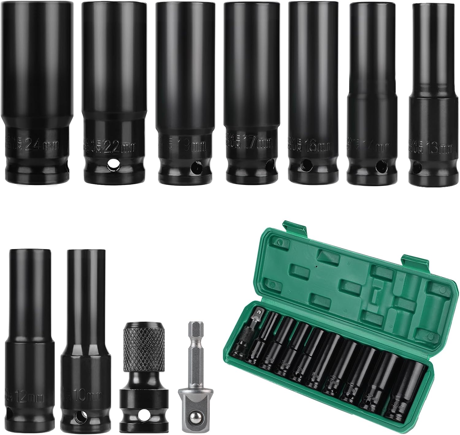 CPROSP 11-Piece Impact Wrench Nuts 1/2 Long Nut Set 1/2 10 12 13 14 16 17 19 22 24 mm Socket Set with Socket Adapter and Extension Rod Tyre Change Tool