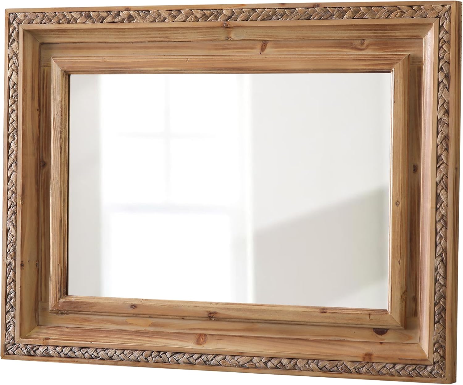 Farmhouse Rectangle Mirrors for Wall 24 X 32 Inch, Boho Wood Frame Bathroom Mirror for Over Sink, Rustic Rattan Wall-Mounted Mirrors for Wall Decor Living Room, Horizontal or Vertical