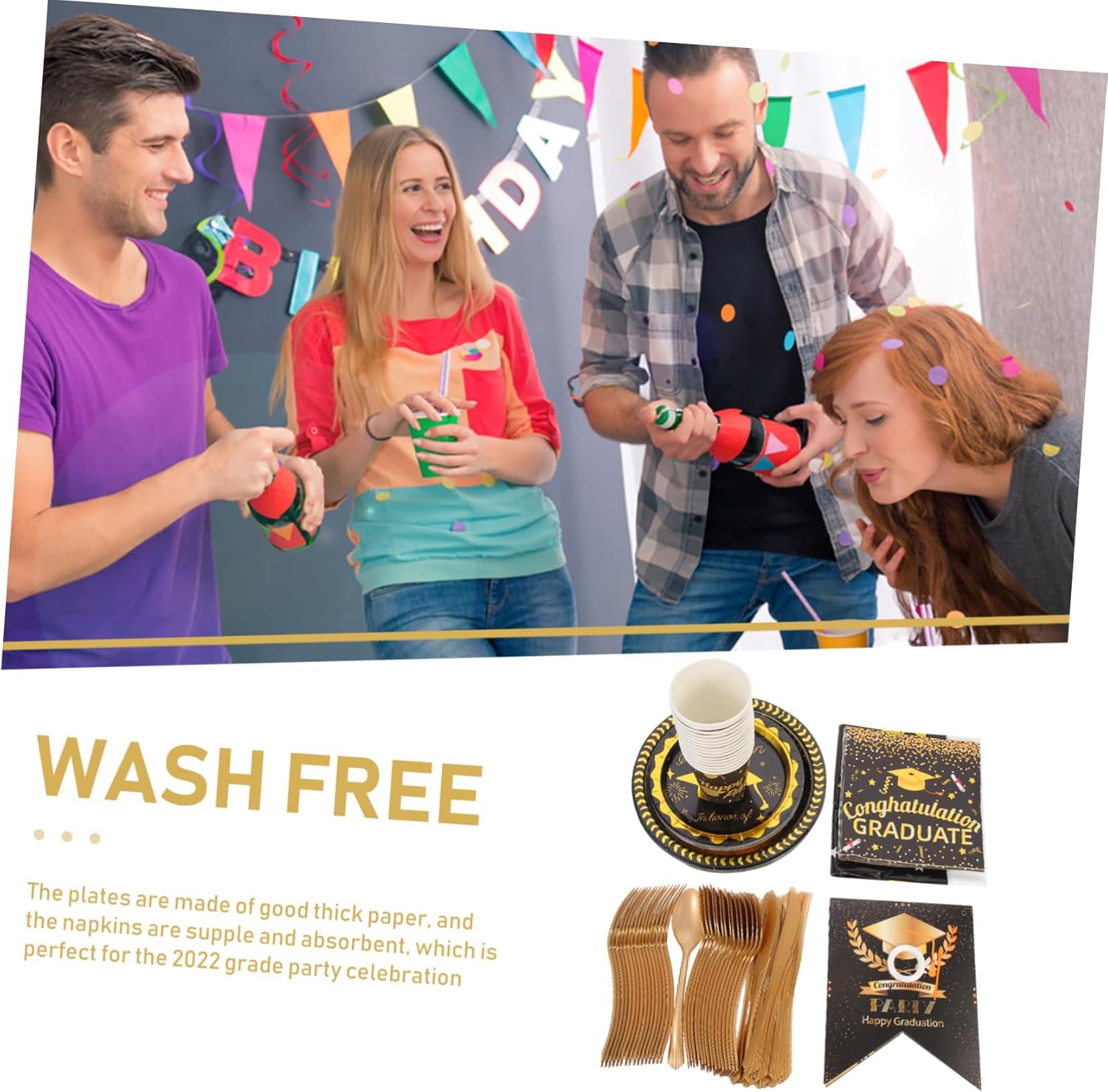 Graduation Celebration Disposable Tableware Gold Foil Cups Tablecloth Festive Supplies for Family Gatherings