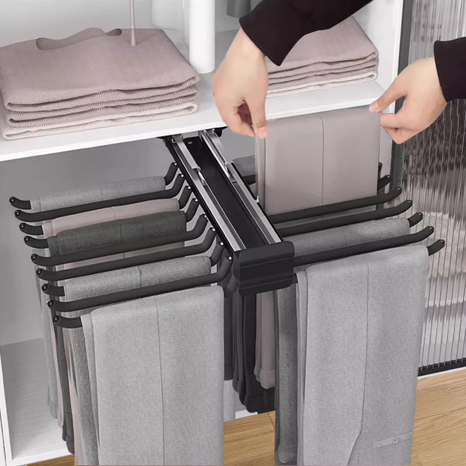 Soporte extensible para pantalón, barra para 18 pantalón, suspensión con amortiguador silencioso, organizador de ropa que ahorra espacio 45,8 cm