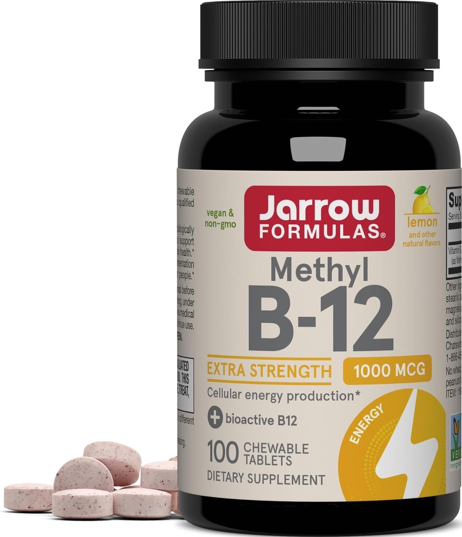 Jarrow Formulas Methyl Vitamin B-12 1000 mcg, 100 Chewable Tablets, Lemon Flavored- Bioactive B12 Vitamin - Supports Cellular Energy Production, Brain Health & Metabolism - 100 Servings | Lemon Flavored, Bioactive B12 Vitamin, Supports Cellular Energy Production, Brain Health & Metabolism, 100 Servings