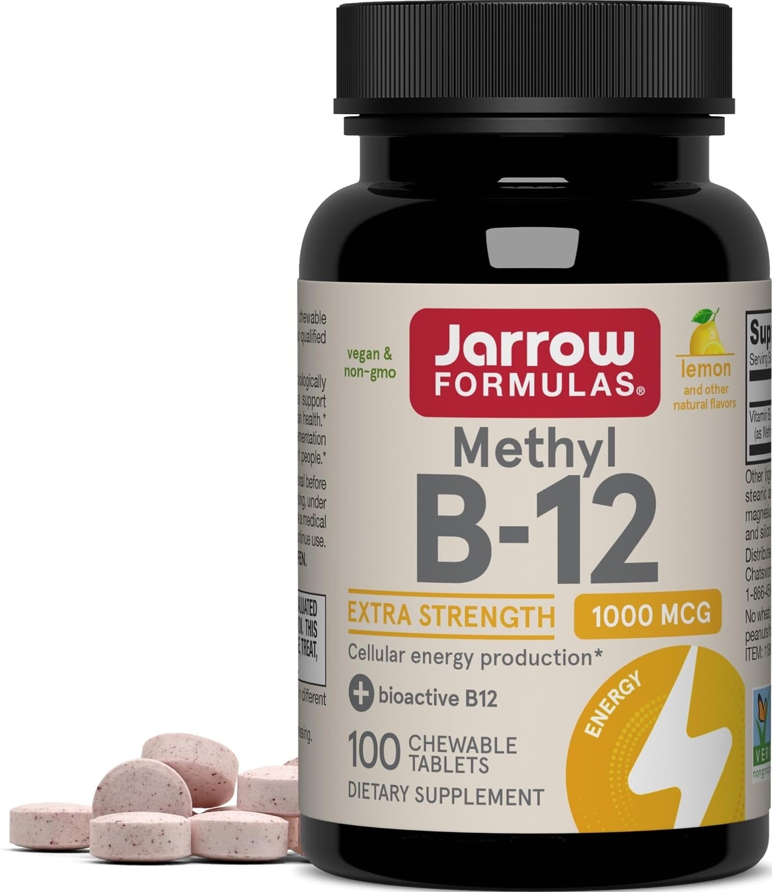 Jarrow Formulas Methyl Vitamin B-12 1000 mcg, 100 Chewable Tablets, Lemon Flavored- Bioactive B12 Vitamin - Supports Cellular Energy Production, Brain Health & Metabolism - 100 Servings 100 Count (Pack of 1)