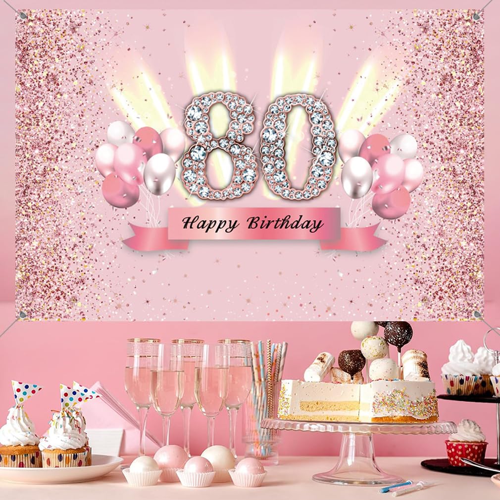 Roségoldener Fotohintergrund 'Happy 80th Birthday' – 2,1x1,5 M, Vinyl, Für Damen-Partys