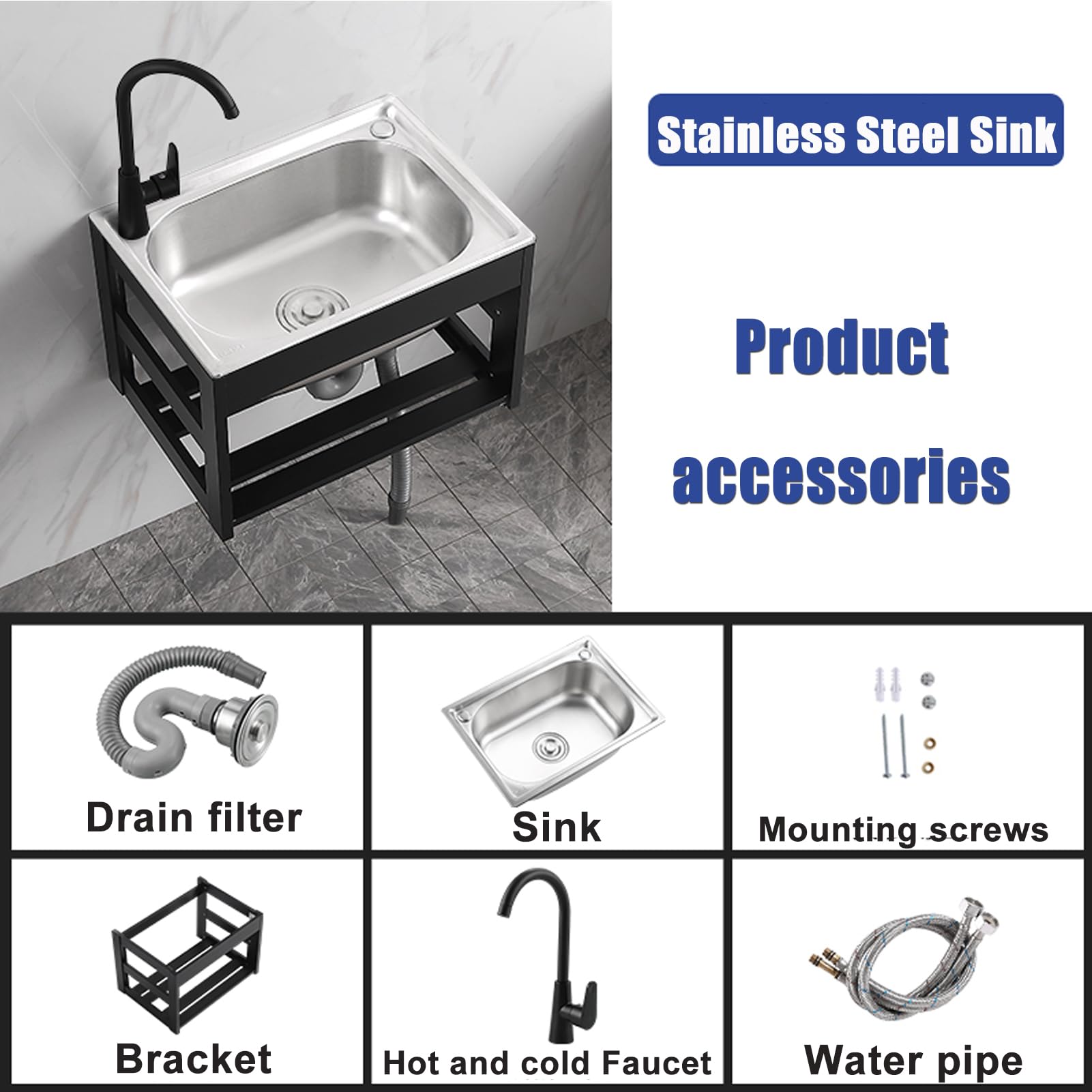 Lavello da Cucina,lavello Cucina a Parete in Acciaio Inox,lavabo Singolo,Set di Servizi con Rubinetto e Tubo per Lavanderia,Facile Pulire (48x35cm/18,9x13,78 Pollici)