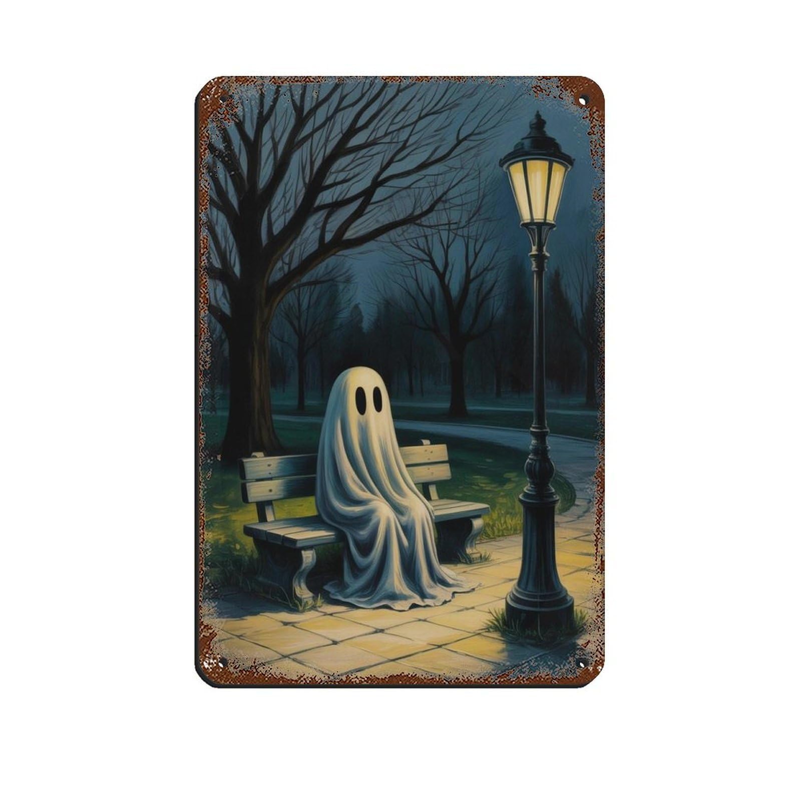 Ghost Is Sitting on The Bench Poster Retro Poster Metal Tin Sign Chic Art Retro Iron Painting Bar People Cave Cafe Family Garage Poster Wall Decoration 8x12inch(20x30cm)