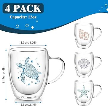 Top-spring Set of 4 Double-Walled Glass Coffee Cups with Sea Motif 350 ml Latte Macchiato Glasses with Handle Insulated Glass Cups for Coffee Tea Cappuccino & Espresso
