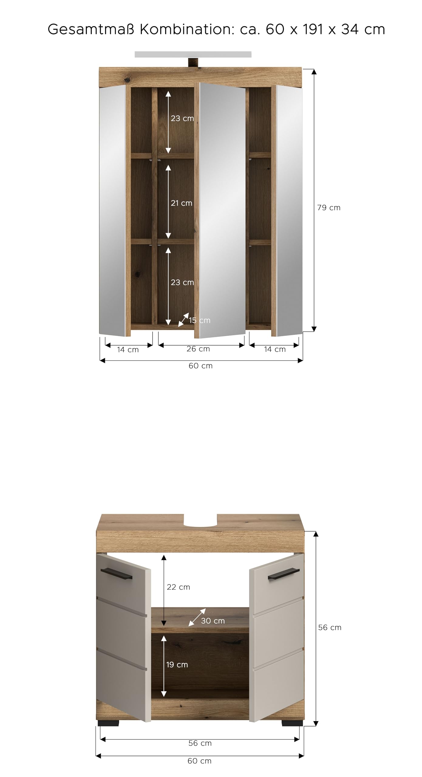 xonox.home – Badkombination Scout 60x191x34 cm in Evoak Oak und Kaschmir Nachbildung matt – Schmale Badkombination mit viel Stauraum – platzsparend – Bild 4