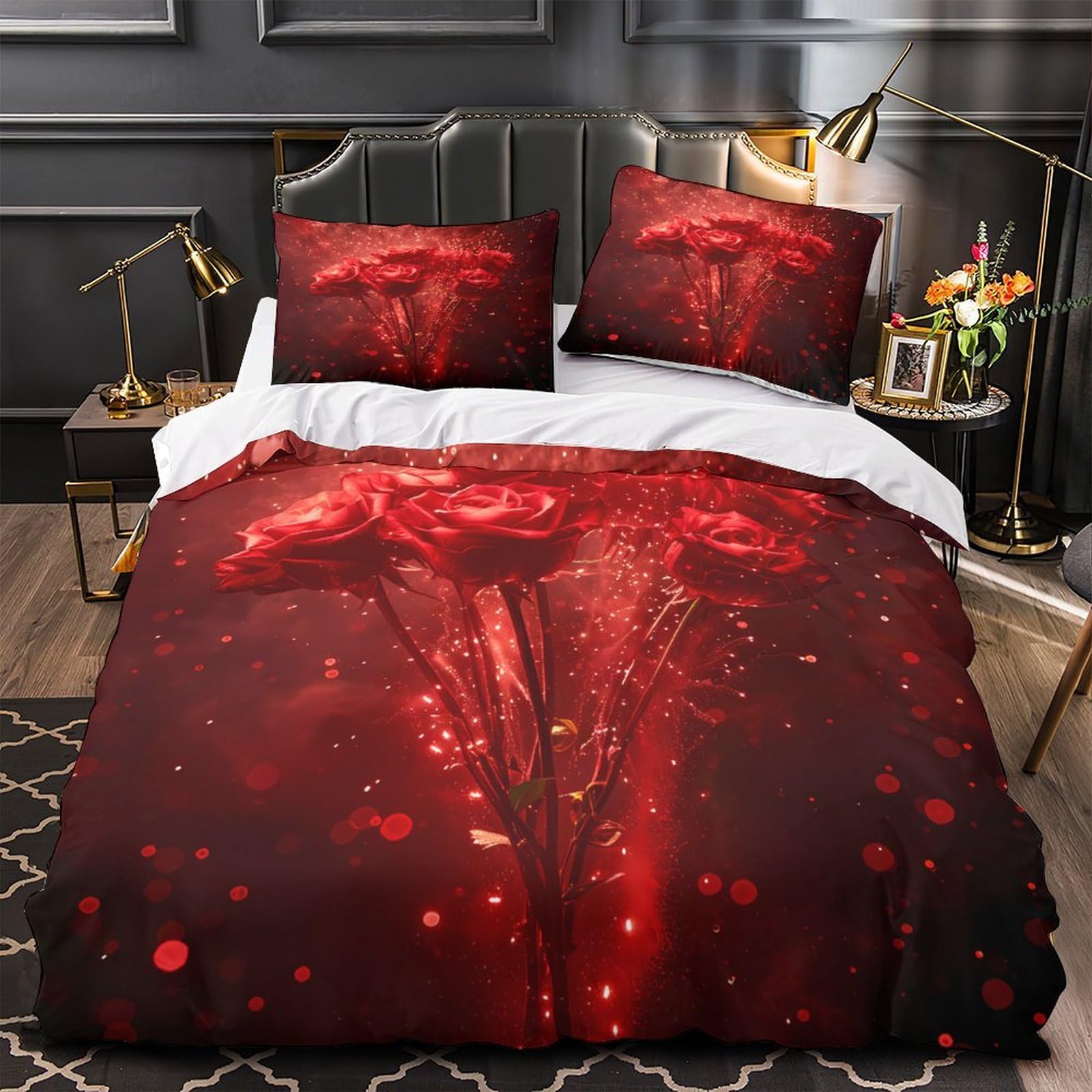 Housse de couette roses rouges 135x200cm en microfibre avec parure de lit 3D